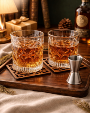 Whisky glass – 2 pieces of Whisky glass, with 2 coaster and 1 peg measurer