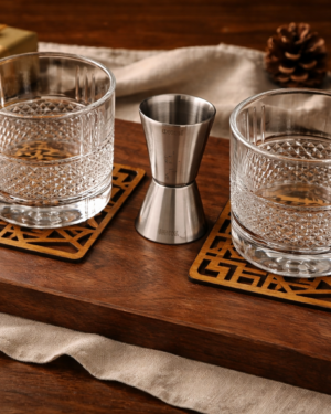 Whisky glass – 2 pieces of Whisky glass, with 2 coaster and 1 peg measurer