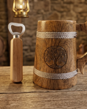 Beer Glass Set – 1 Wooden Beer Mug, 1 Wooden Bottle opener