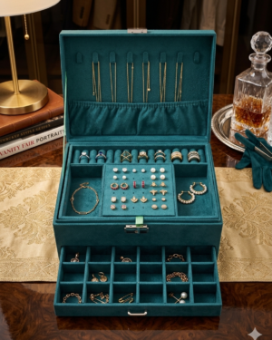Jewellery Box/ organiser – Velvet, Layered jewellery box/organizer, with Golden placement Mat