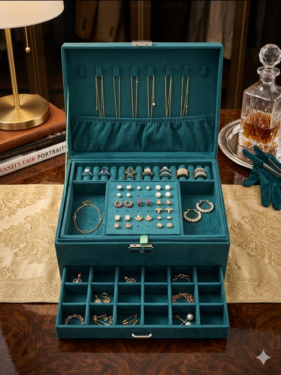 Jewellery Box/ organiser – Velvet, Layered jewellery box/organizer, with Golden placement Mat
