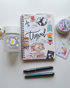 Travel Journal Set – 1 spiral notebook, 1 travel friendly glass bottle, 1 Travel tag, 1 Multipurpose utility zipper hard case, 2 pens.