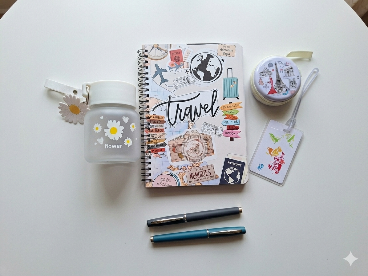Travel Journal Set – 1 spiral notebook, 1 travel friendly glass bottle, 1 Travel tag, 1 Multipurpose utility zipper hard case, 2 pens.