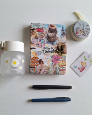 Travel Journal Set – 1 Hand stitched journal diary, 1 travel friendly glass bottle, 1 Travel tag, 1 Multipurpose utility zipper hard case, 2 pens.