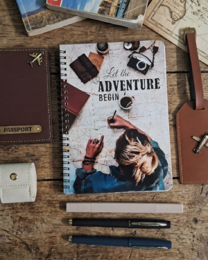 Travel Journal Set – 1 spiral notebook, 1 Passport/Document holder case, 1 Travel tag, 1 Jewelry Organizer, 2 pens, 1 Highlighter.