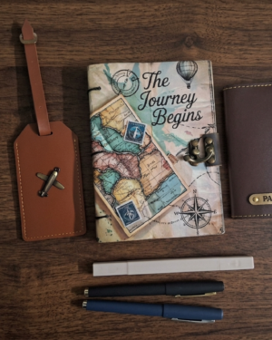 Travel Journal Set – 1 Hand stitched journal diary, 1 Passport holder case, 1 Travel tag, 2 pens, 1 Highlighter.
