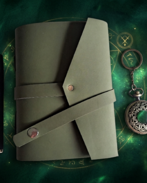 The Emerald Time Keeper – 1 Handcrafted leather strap Diary, 1 Vintage pocket watch keyring, 1 Black pen