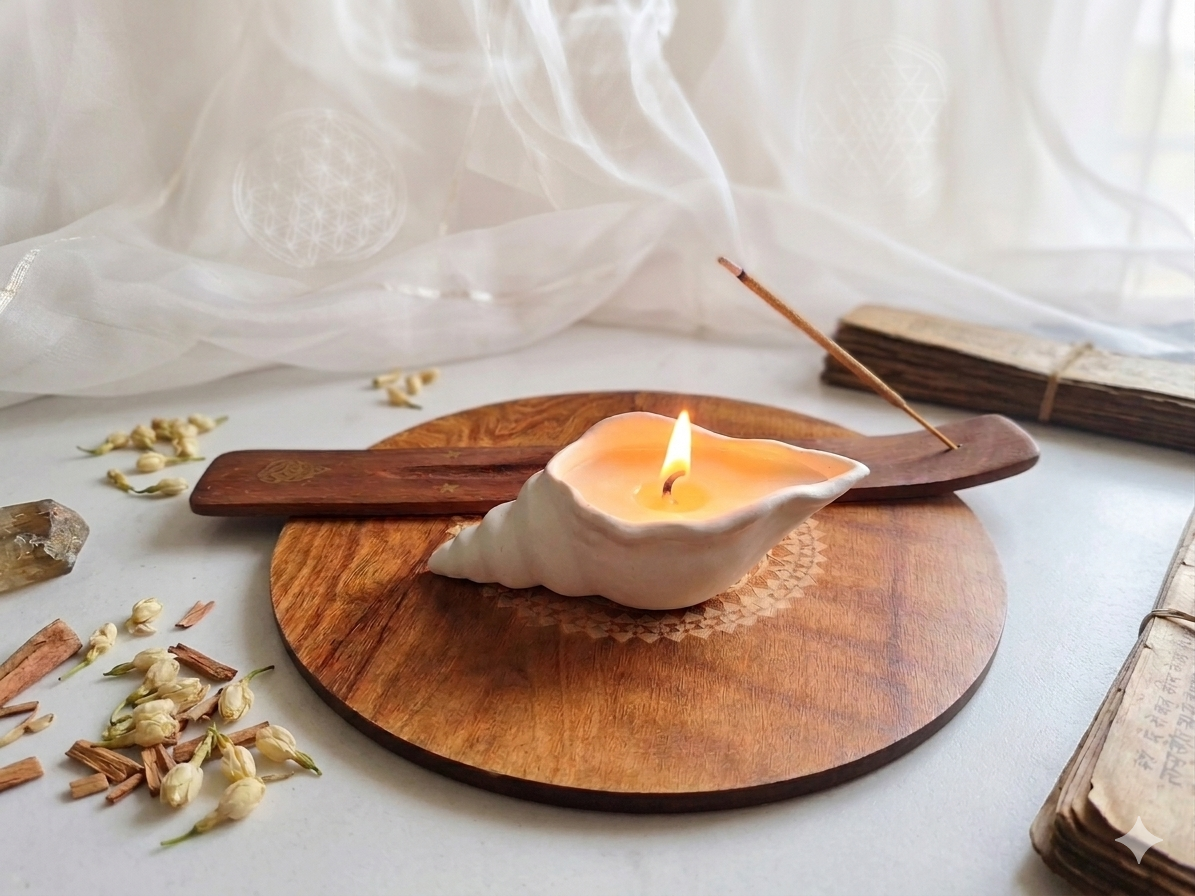 Meditation set – 1 agarbatti/incense Stand, 1 Shankh / Sea shell shaped mild fragrance candle, 1 Large size coaster