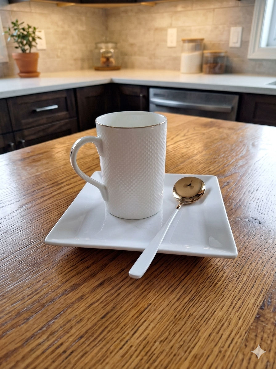 Coffee Mug Set – 1 White ceramic coffee mug, with 1 white plastic tray and 1 stainless steel spoon - Image 3