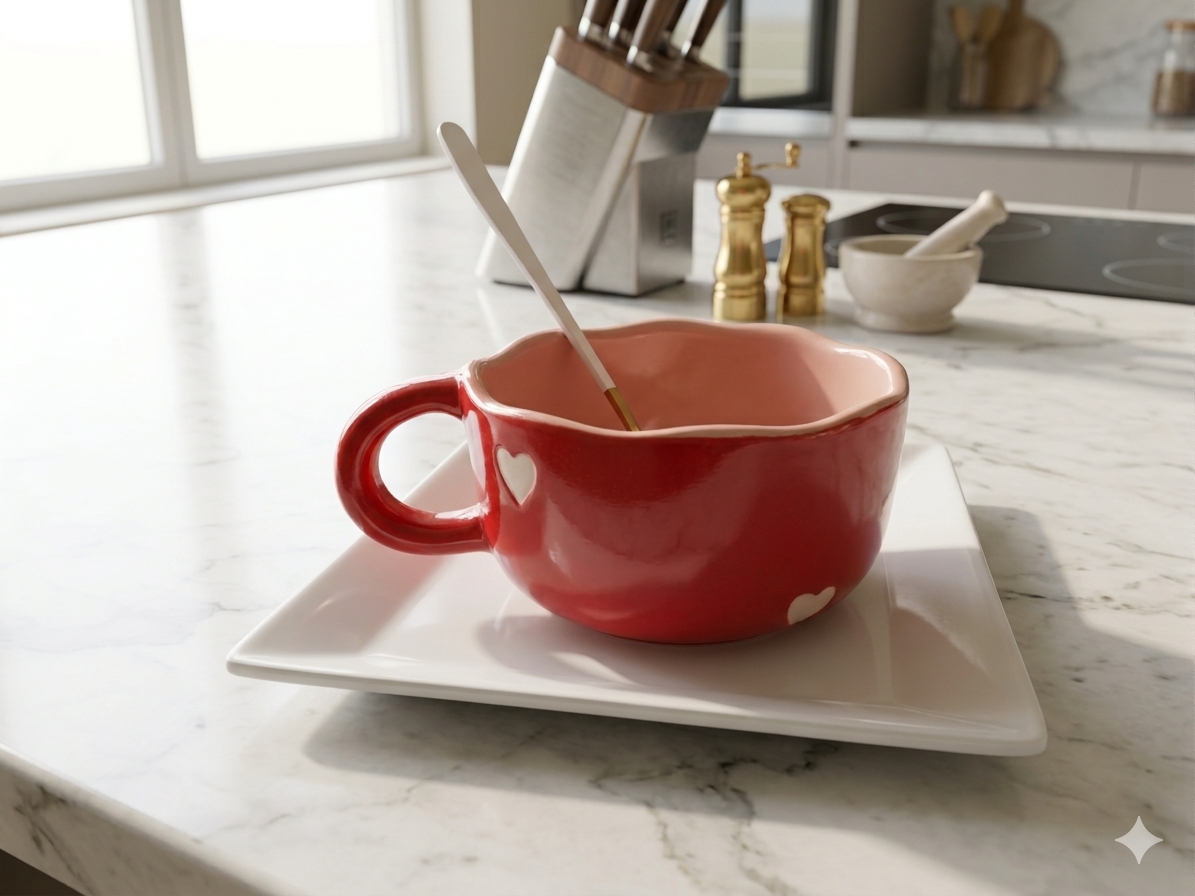 Coffee Mug Set – 1 red Coffee mug with white hearts, with 1 White Plastic tray and 1 white Stainless-steel tray - Image 2