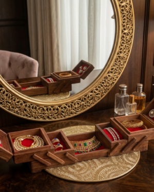 Jewellery Box/ organiser – 9 Inch Handmade wooden jewellery box with Golden placement Mat
