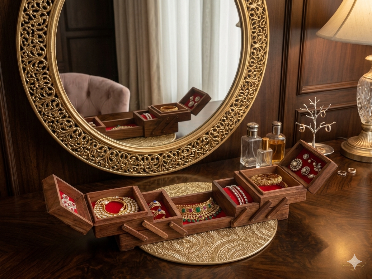 Jewellery Box/ organiser – 9 Inch Handmade wooden jewellery box with Golden placement Mat