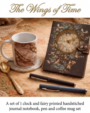 The Wings of Time - 1 hand stitched vintage diary, 1 Black and 1 Blue color pen, 1 Coffee Mug, 1 Spoon and 1 Coaster