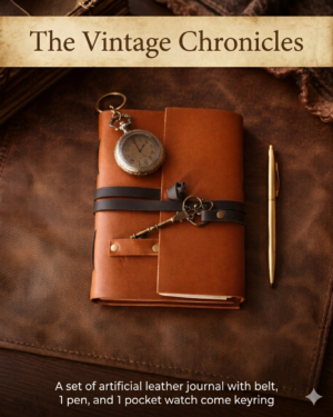 The Vintage Chronicles - 1 Artificial leather hand stitched vintage diary, 1 golden color pen, 1 Vintage pocket watch keyring