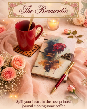 The Romantic - 1 Rose printed hand stitched diary, 1 red glitter pen, 1 Coffee mug, 1 spoon, 1 coaster.