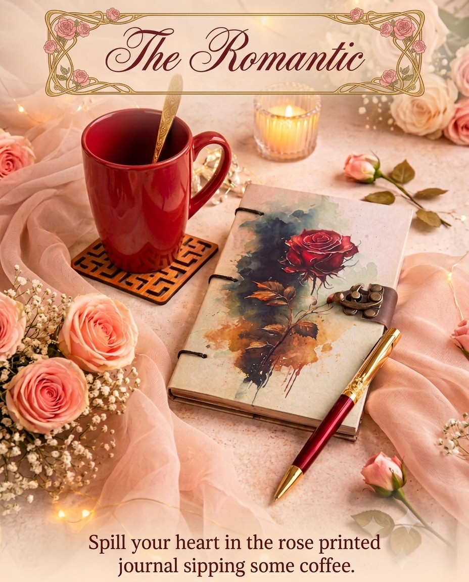 The Romantic - 1 Rose printed hand stitched diary, 1 red glitter pen, 1 Coffee mug, 1 spoon, 1 coaster.