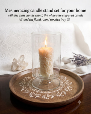 Candle Holder Set – Glass Candle Holder, white rose engraved candle and wooden tray