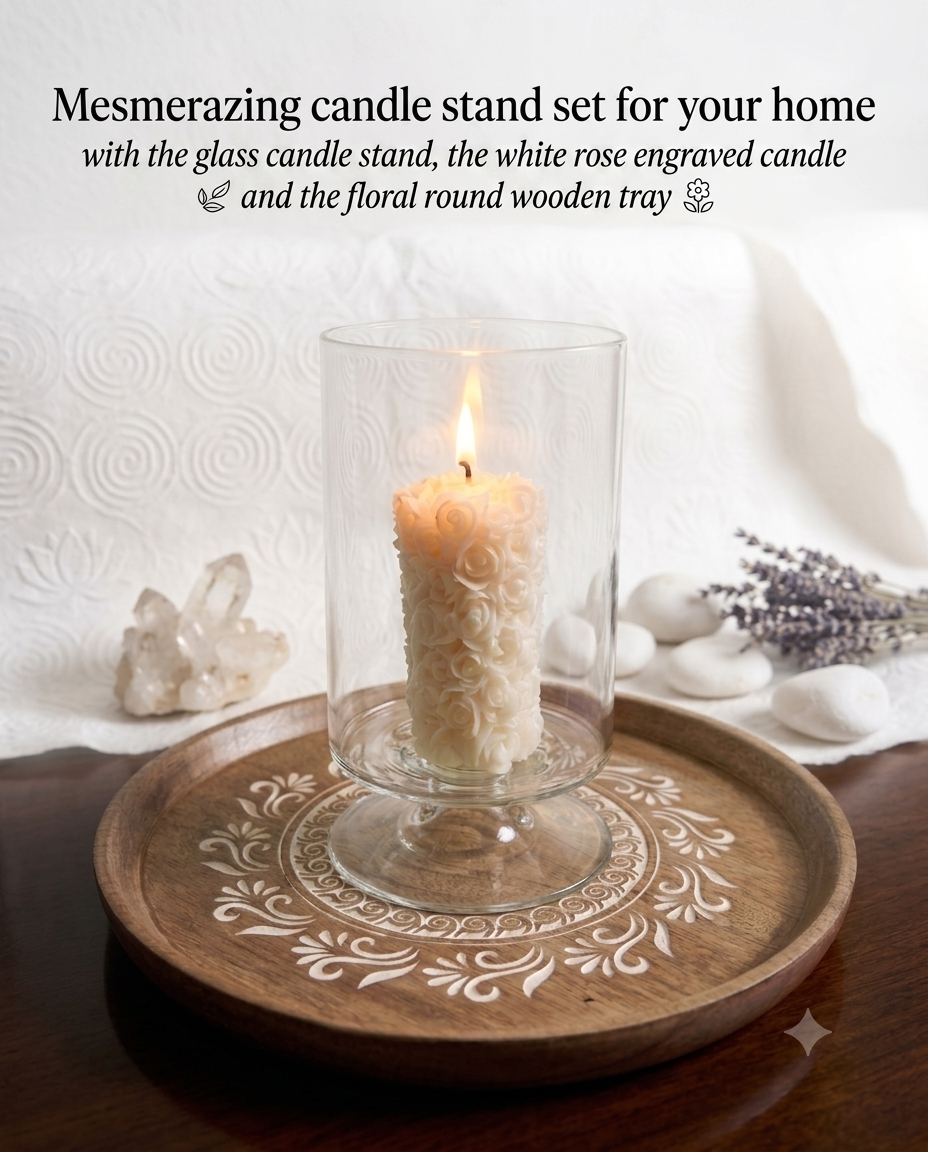 Candle Holder Set – Glass Candle Holder, white rose engraved candle and wooden tray