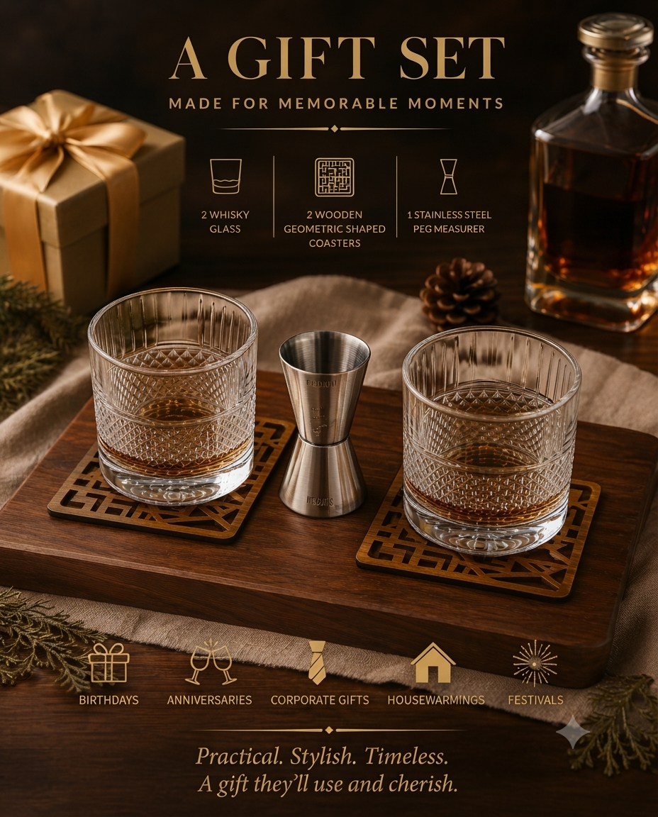 Whisky glass – 2 pieces of Whisky glass, with 2 coaster and 1 peg measurer