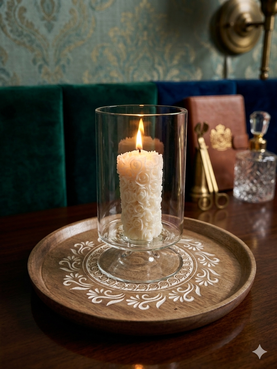 Candle Holder Set – Glass Candle Holder, white rose engraved candle and wooden tray - Image 2
