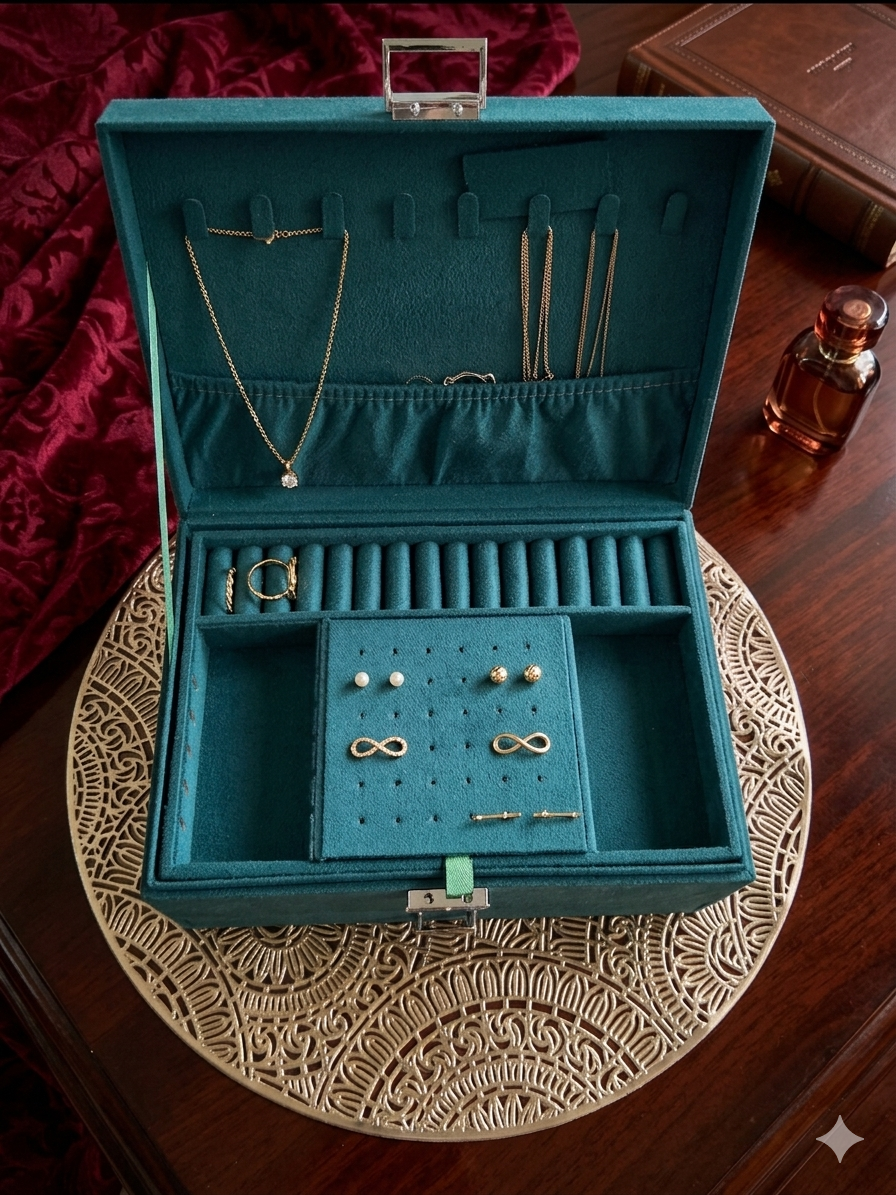 Jewellery Box/ organiser – Velvet, Layered jewellery box/organizer, with Golden placement Mat - Image 4