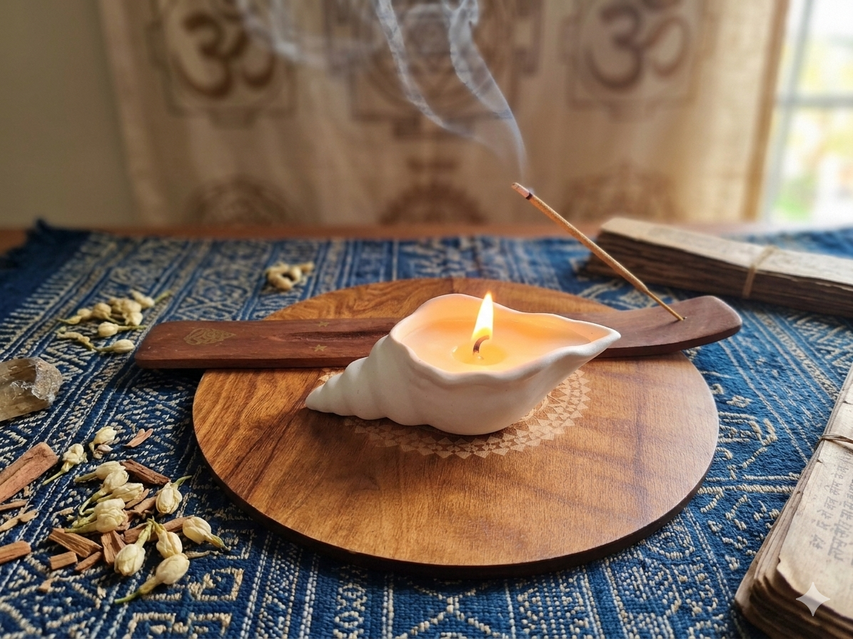 Meditation set – 1 agarbatti/incense Stand, 1 Shankh / Sea shell shaped mild fragrance candle, 1 Large size coaster - Image 2