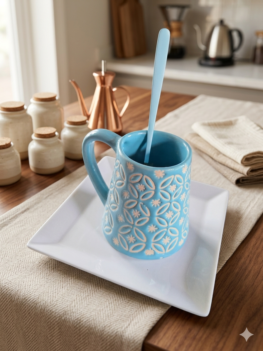 Coffee mug set – 1 Blue and white ceramic coffee mug, with 1 white tray and 1 stainless steel white spoon - Image 2
