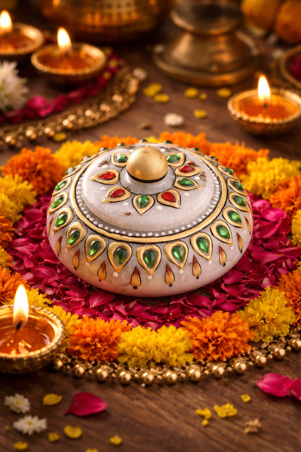 Sindoor / Kumkum Dibba Set – 1 Marble Sindoor/ Kumkum Dibba, 1 Sindoor stick, 1 Large size coaster - Image 2