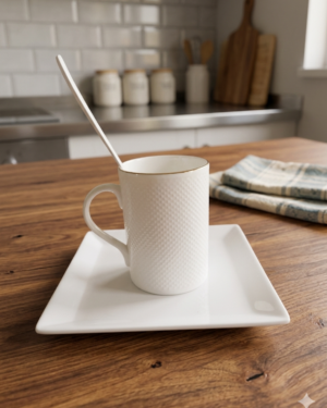 Coffee Mug Set – 1 White ceramic coffee mug, with 1 white plastic tray and 1 stainless steel spoon