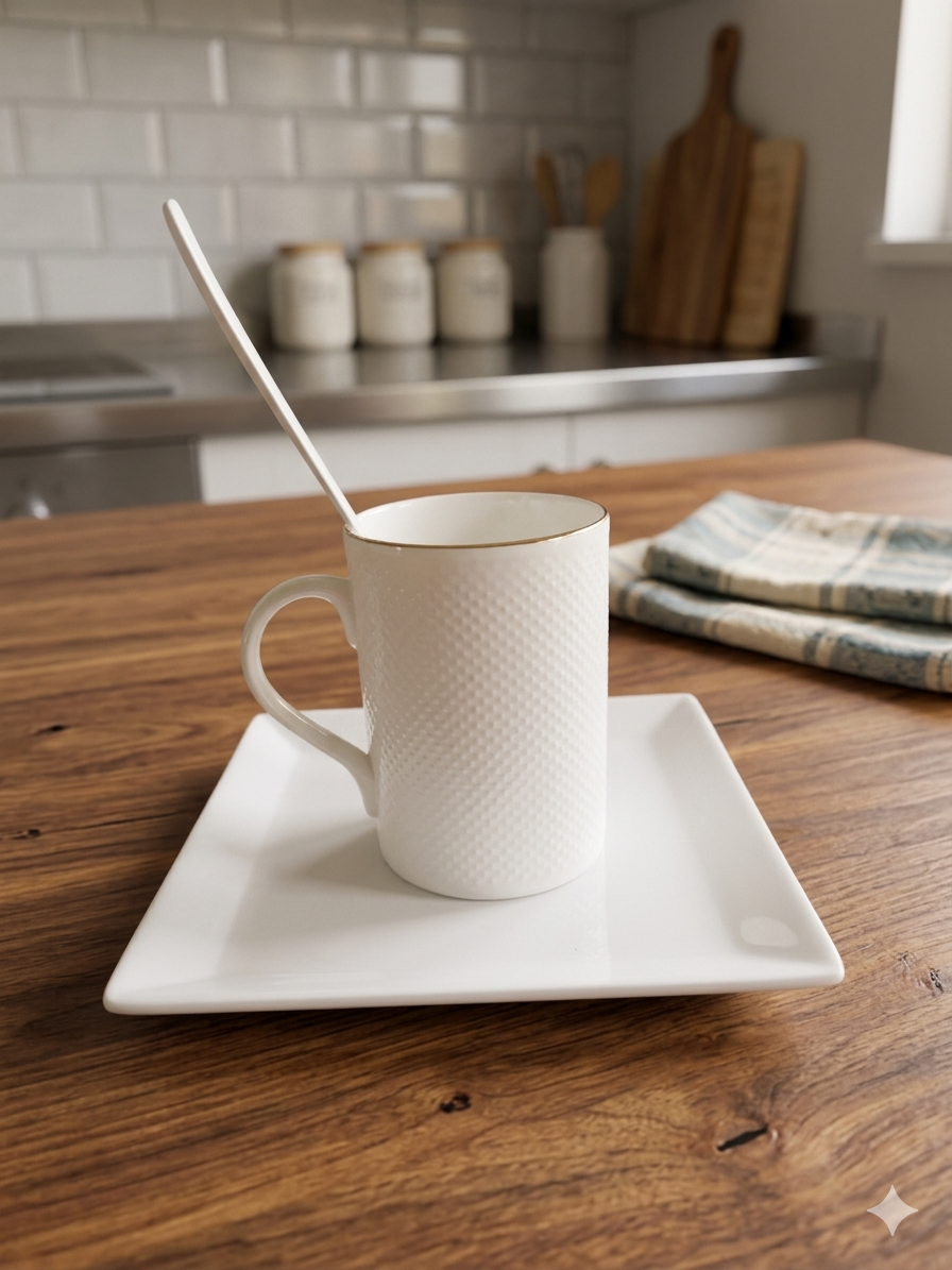Coffee Mug Set – 1 White ceramic coffee mug, with 1 white plastic tray and 1 stainless steel spoon