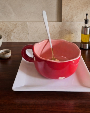 Coffee Mug Set – 1 red Coffee mug with white hearts, with 1 White Plastic tray and 1 white Stainless-steel tray