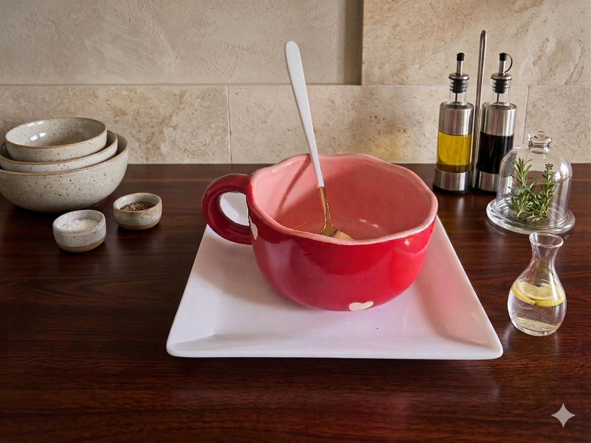 Coffee Mug Set – 1 red Coffee mug with white hearts, with 1 White Plastic tray and 1 white Stainless-steel tray
