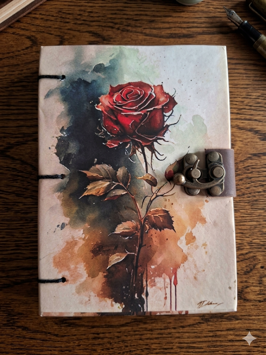 The Romantic - 1 Rose printed hand stitched diary, 1 red glitter pen, 1 Coffee mug, 1 spoon, 1 coaster. - Image 2
