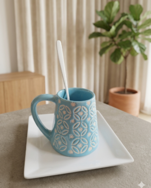 Coffee mug set – 1 Blue and white ceramic coffee mug, with 1 white tray and 1 stainless steel white spoon