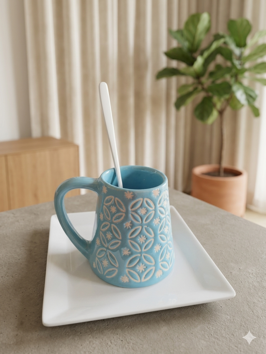 Coffee mug set – 1 Blue and white ceramic coffee mug, with 1 white tray and 1 stainless steel white spoon