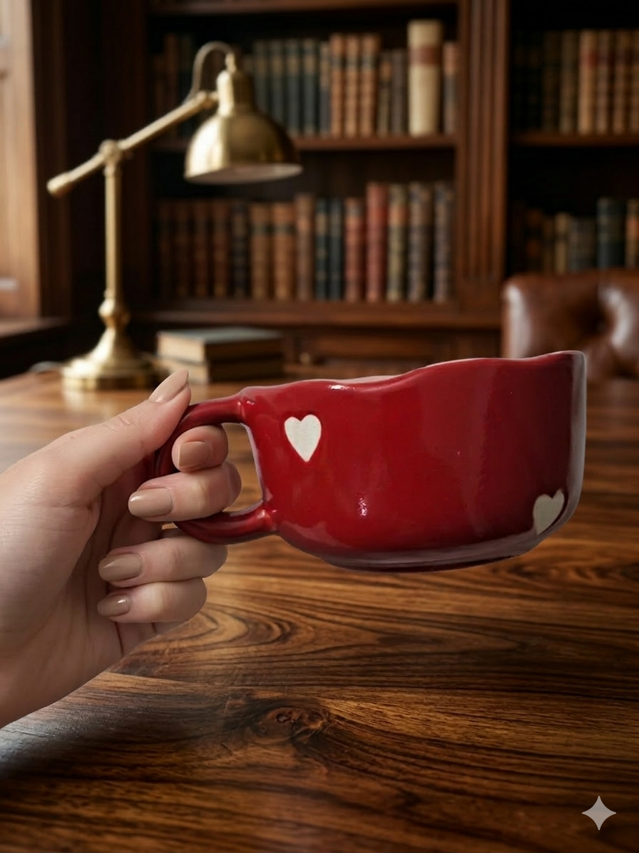 Coffee Mug Set – 1 red Coffee mug with white hearts, with 1 White Plastic tray and 1 white Stainless-steel tray - Image 3