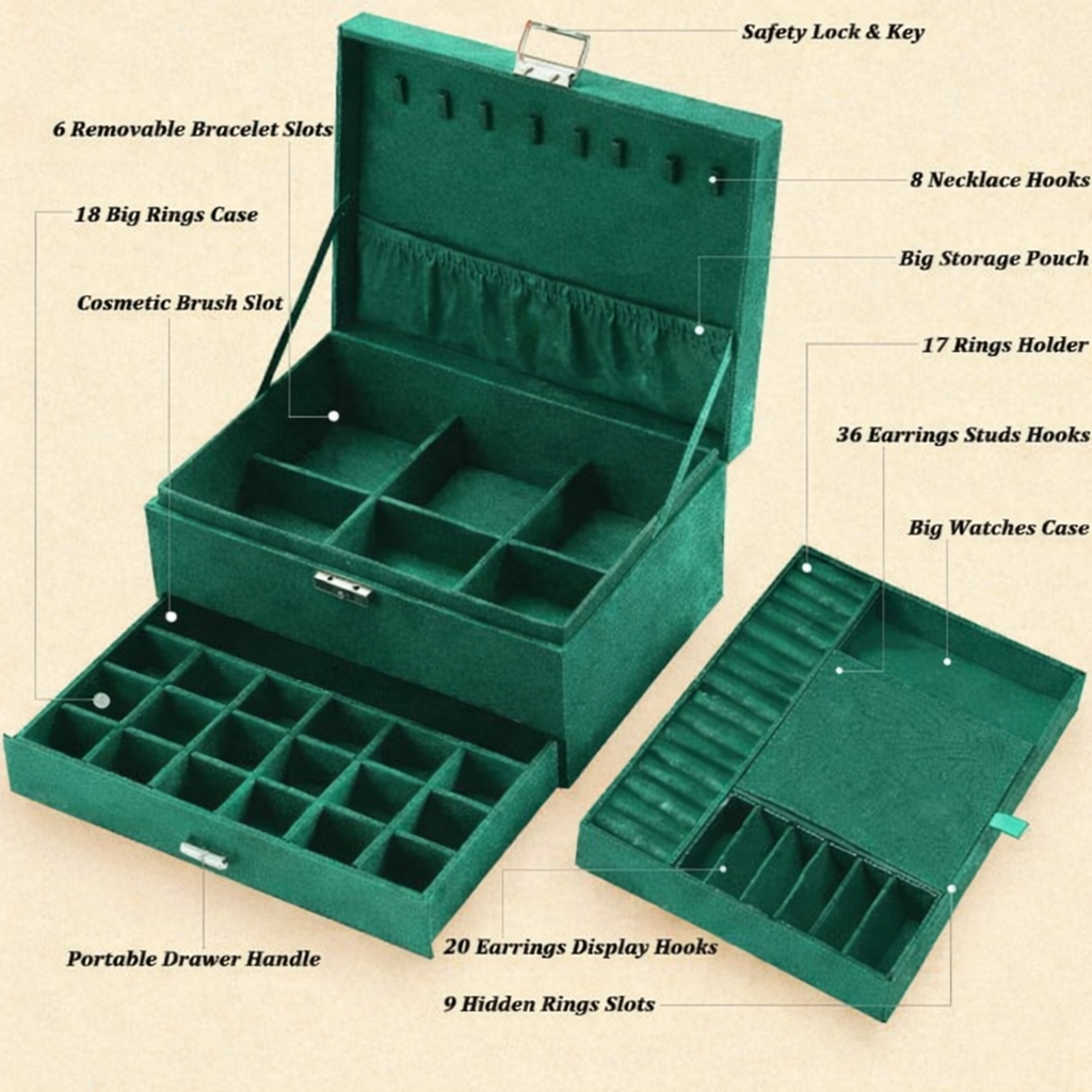 Jewellery Box/ organiser – Velvet, Layered jewellery box/organizer, with Golden placement Mat - Image 3