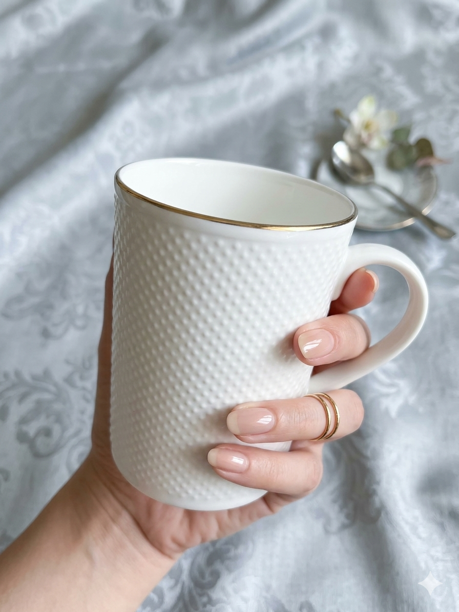 Coffee Mug Set – 1 White ceramic coffee mug, with 1 white plastic tray and 1 stainless steel spoon - Image 2