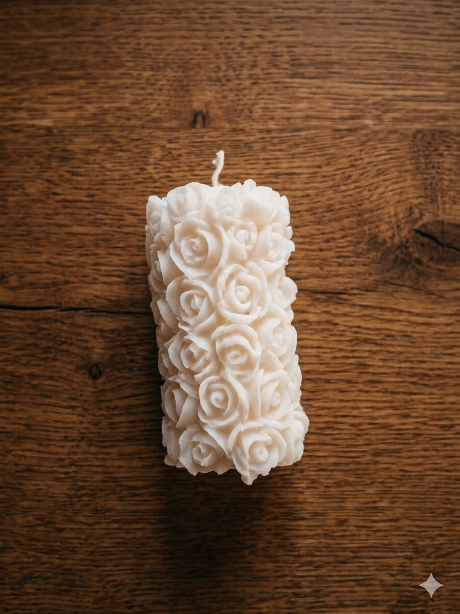 Candle Holder Set – Glass Candle Holder, white rose engraved candle and wooden tray - Image 3