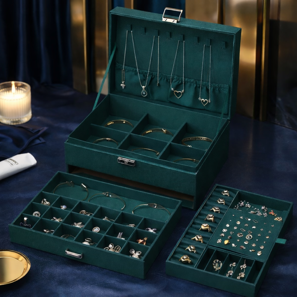 Jewellery Box/ organiser – Velvet, Layered jewellery box/organizer, with Golden placement Mat - Image 2