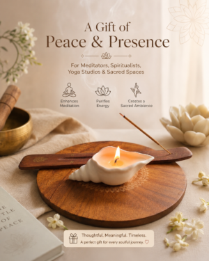 Meditation set – 1 agarbatti/incense Stand, 1 Shankh / Sea shell shaped mild fragrance candle, 1 Large size coaster