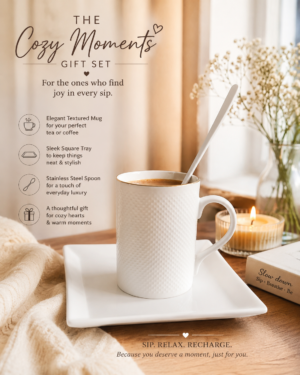 Coffee Mug Set – 1 White ceramic coffee mug, with 1 white plastic tray and 1 stainless steel spoon
