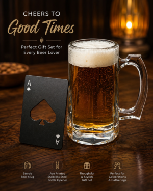 Beer Glass Set – 1 Glass Beer Mug, 1 Ace printed Bottle opener