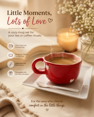 Coffee Mug Set – 1 red Coffee mug with white hearts, with 1 White Plastic tray and 1 white Stainless-steel tray