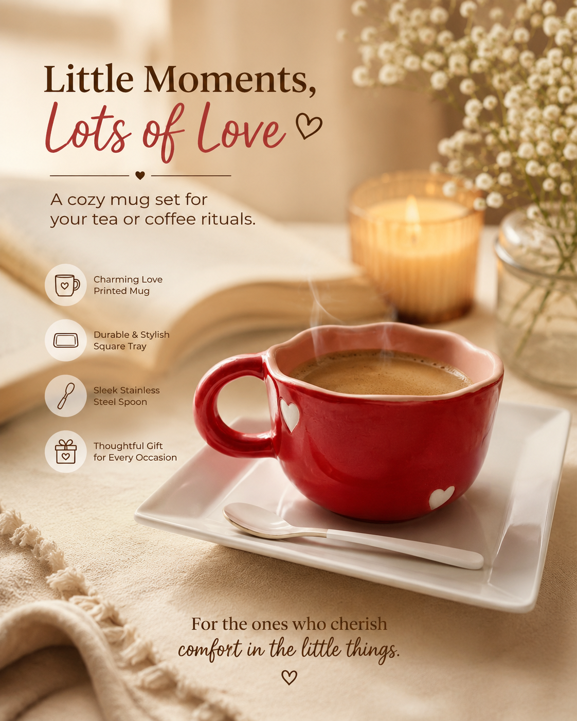 Coffee Mug Set – 1 red Coffee mug with white hearts, with 1 White Plastic tray and 1 white Stainless-steel tray