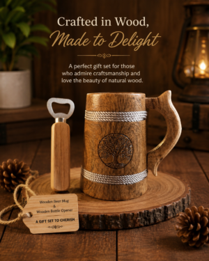 Beer Glass Set – 1 Wooden Beer Mug, 1 Wooden Bottle opener