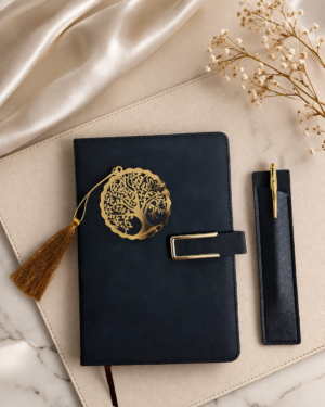 Diary Set - 1 Black color diary with magnetic closure, 1 Blue pen, 1 Black color pen case, 1 metal golden color bookmark with tussel.