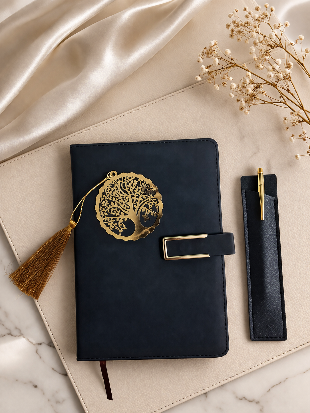 Diary Set - 1 Black color diary with magnetic closure, 1 Blue pen, 1 Black color pen case, 1 metal golden color bookmark with tussel.