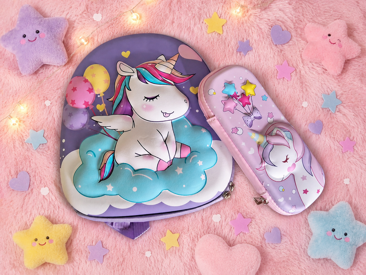 The Happy Unicorn set - 1 Hard Top Unicorn bag, 1 Zipper Unicorn Pencil box