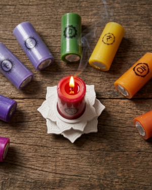 The 7 Chakra Candle set – 7 set of pillar candles, 1 Mandala candle stand or holder
